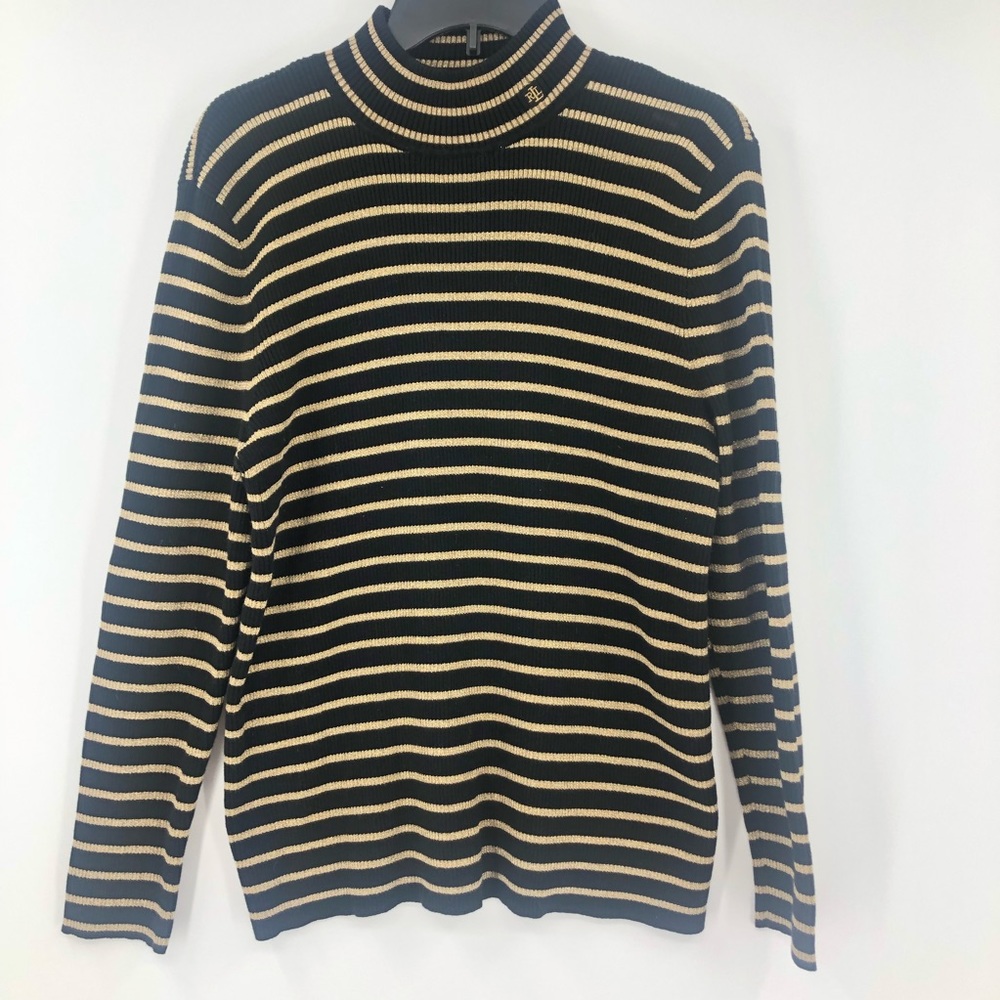 Lauren Ralph Lauren Turtleneck Black Gold Striped 3x Mock Neck Sweater Pullover